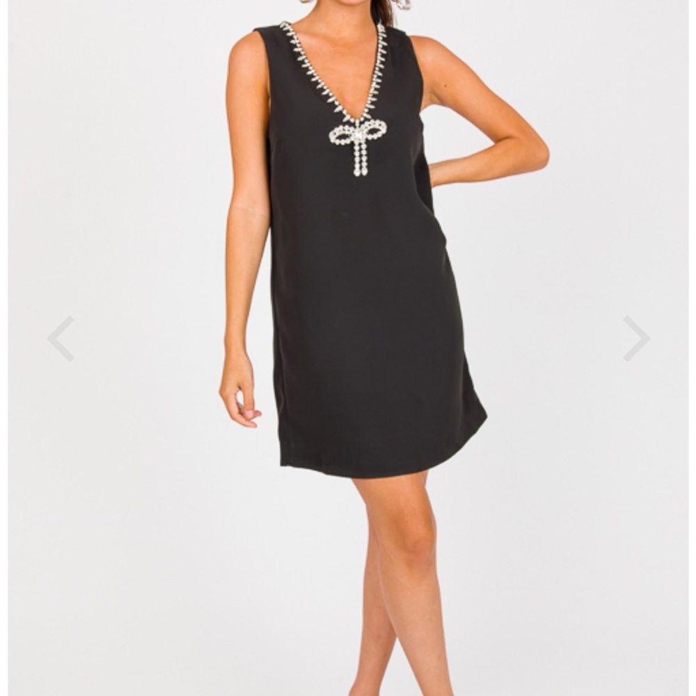 TCEC Black Mini Dress with Rhinestone Bow Embellishments